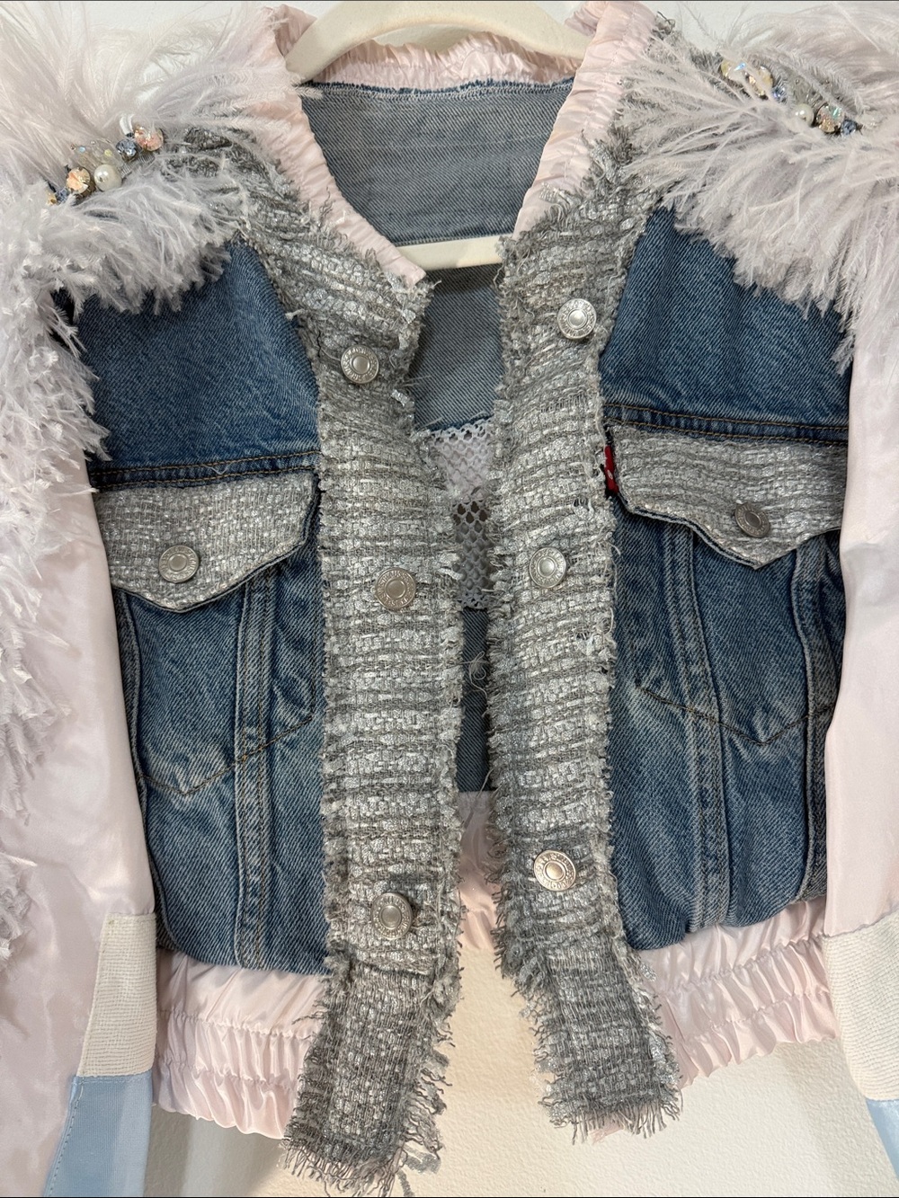 Next Level Apparel Mixed Denim &  Fur Bomber Jacket in Light Gray and Blue - Picture 4 of 8